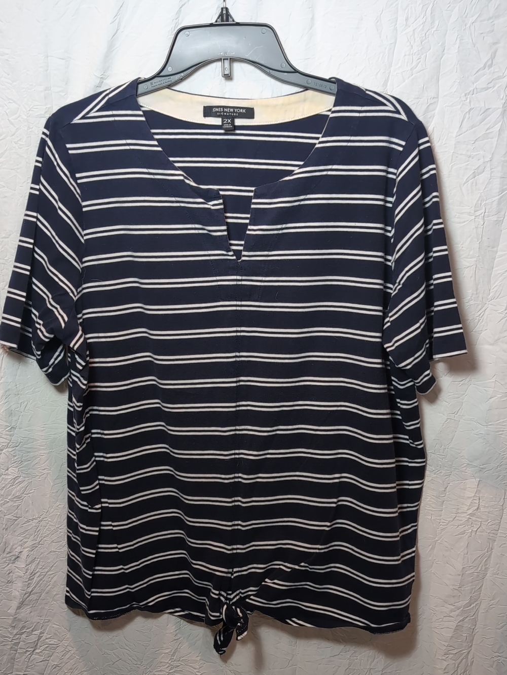 Jones New York Navy and White Striped Tie-Hem Short Sleeve Top